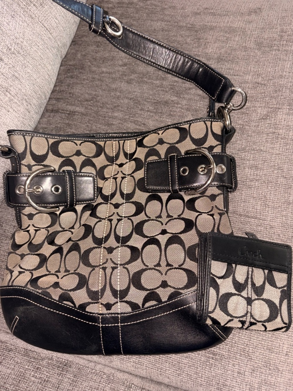 Coach Tan and Black Signature Canvas Hobo with Matching Wallet